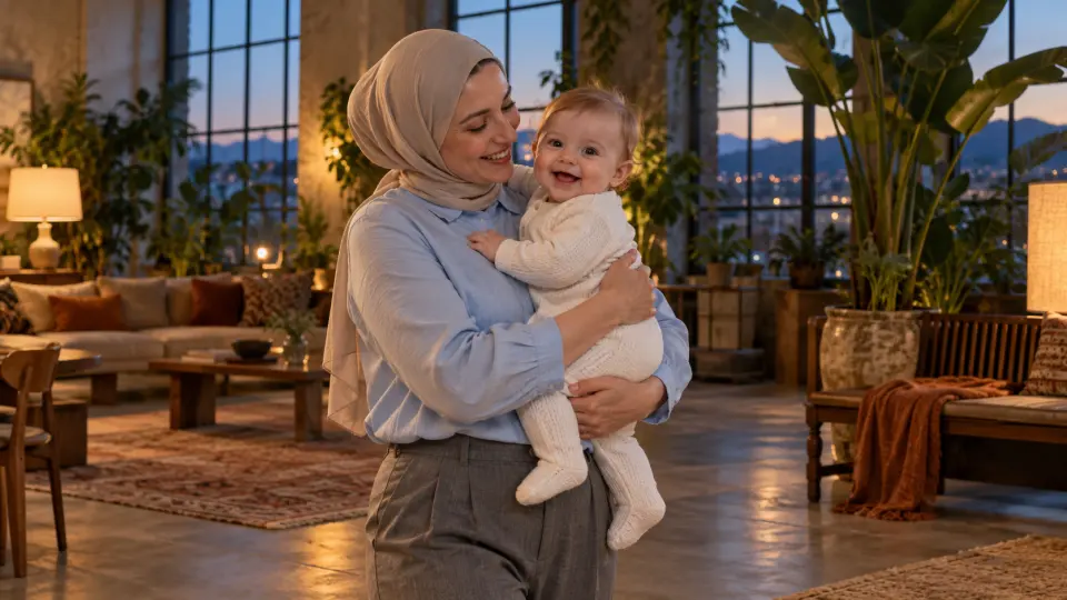 Loft stüdyoda sıcak lambalar altında, bej başörtülü kadının kucağında gülümseyen açık saçlı yedi aylık bebek.