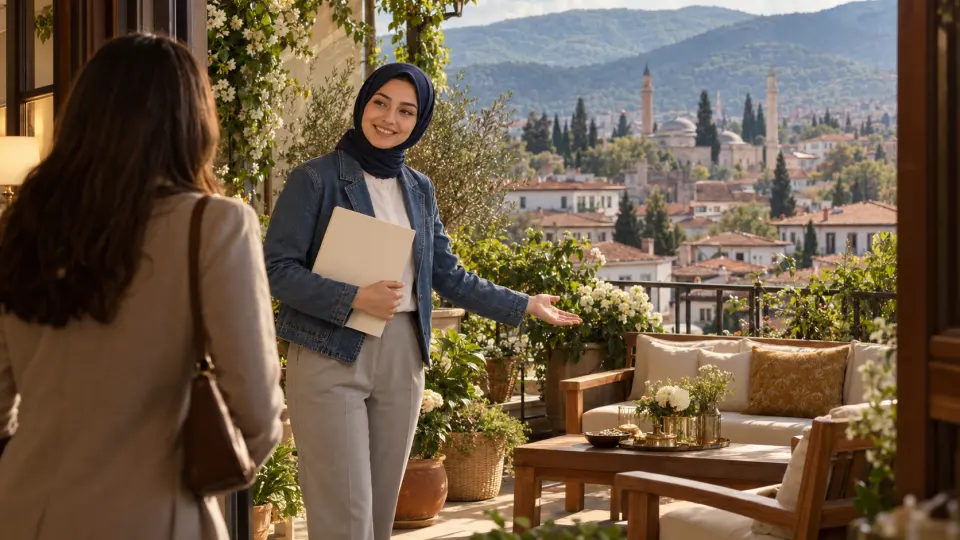 Bursa manzaralı, bitkilerle çevrili balkonda lacivert başörtülü ve kot ceketli genç hostes bir konuğu karşılıyor.