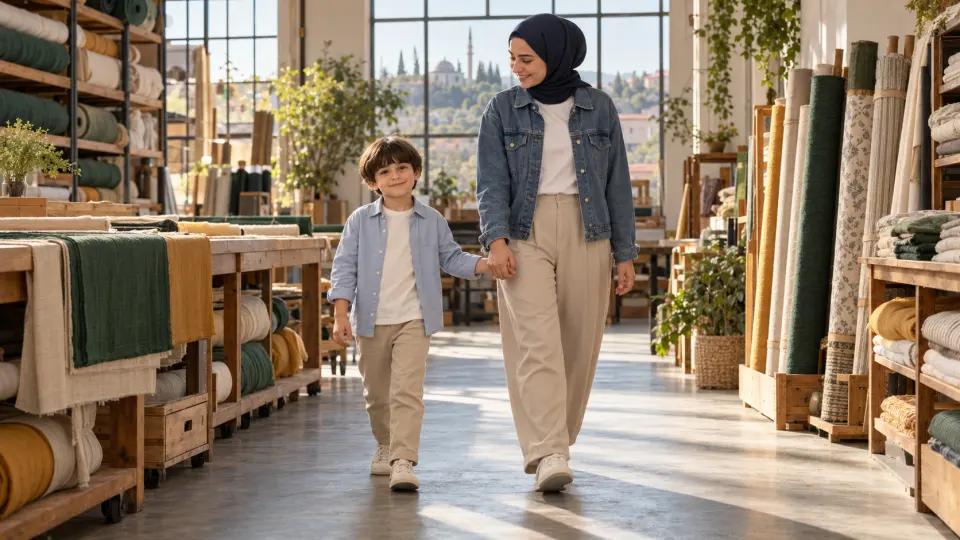 Tekstil atölyesinde lacivert başörtülü genç kadının elini tutarak kameraya doğru yürüyen yedi yaşındaki erkek çocuk.