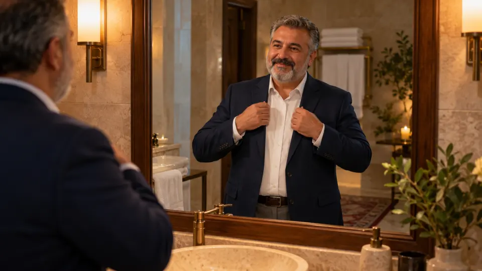 Sıcak ışıklı banyoda, kırçıl sakallı ve lacivert ceketli bir erkek aynada yakasını düzeltip gülümsüyor.