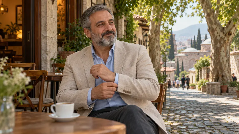 Bursa Tophane’de çınarlı sokaktaki kafede, mavi gömlek ve bej ceketle poz veren kırçıl sakallı orta yaşlı manken.