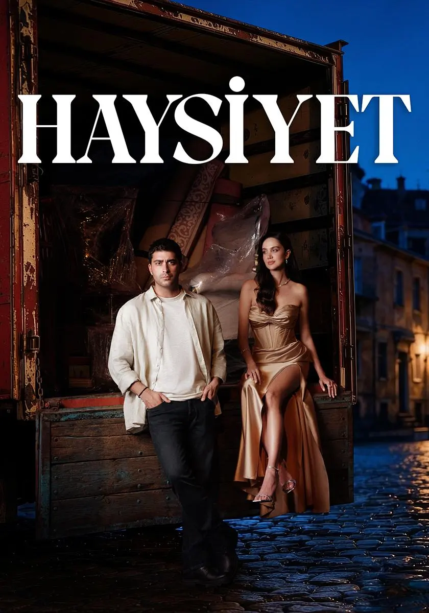 Haysiyet dikey afişi: açık bir kamyon kasasında duran genç bir adam ve altın rengi elbiseli bir kadın, arka planda gece sokağı