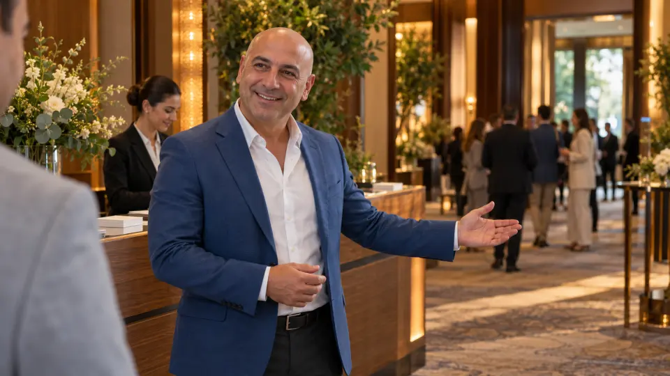 Kongre fuayesinde mavi ceketli, tıraşlı başlı erkek host, kayıt masasının yanında konukları gülümseyerek karşılıyor.