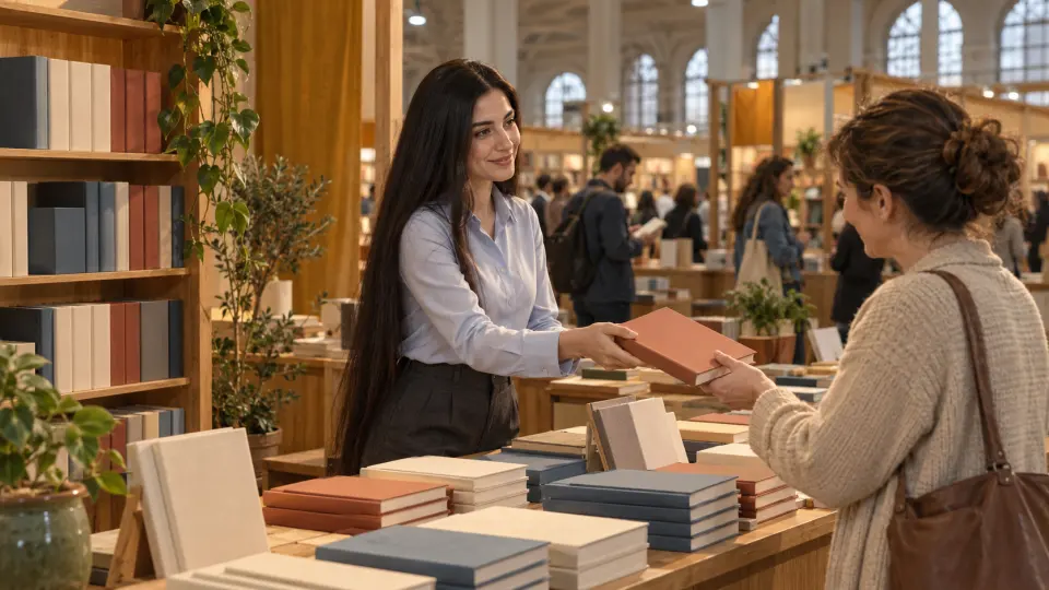 Kitap fuarında ahşap stantta çalışan uzun siyah saçlı kadın görevli, ziyaretçiye gülümseyerek kitap uzatıyor.