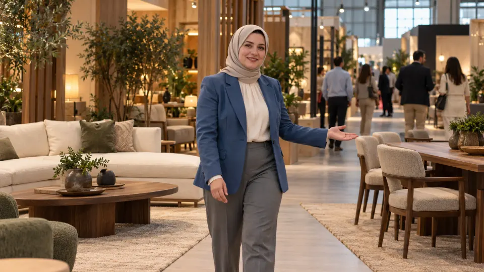 Mobilya fuarında ahşap stant ve koltuklar arasında ziyaretçileri karşılayan bej başörtülü, mavi ceketli hostes.