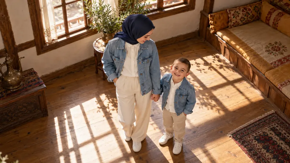 Cumalıkızık’taki ahşap evde lacivert başörtülü anne ve küçük oğlu, uyumlu kot ceketleriyle el ele poz veriyor.