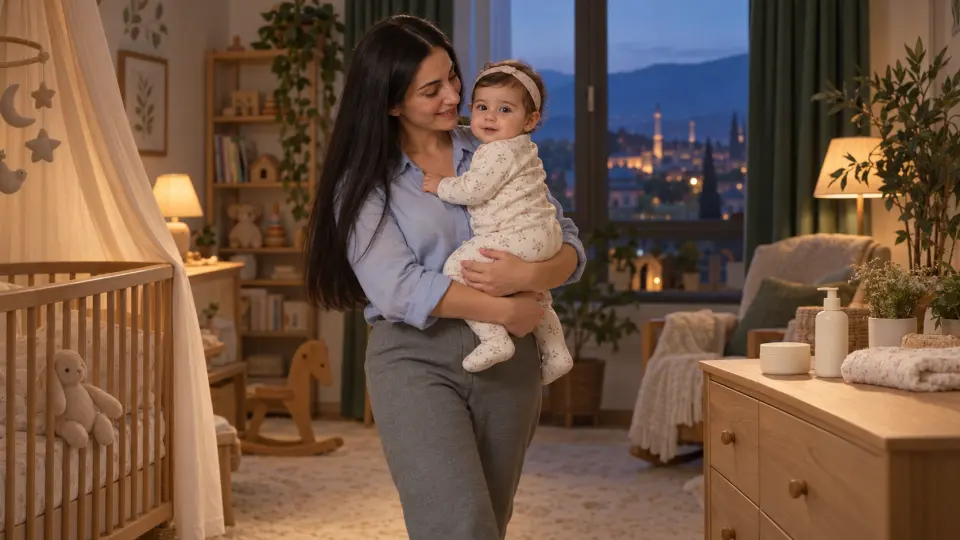 Sıcak ışıklı bebek odasında kız bebeğini güvenle taşıyan uzun siyah saçlı kadın ve etiketsiz bebek bakım ürünleri.