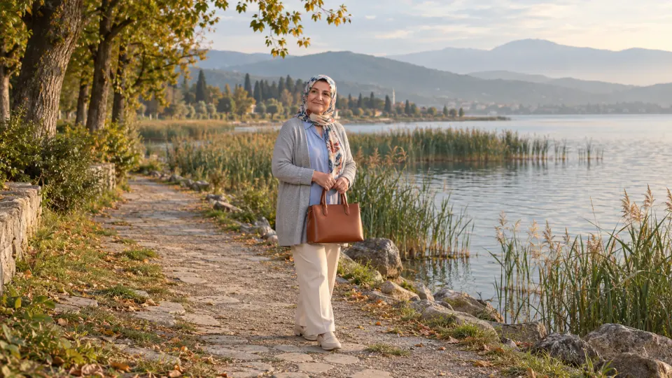 İznik Gölü kıyısında, sazlıkların yanında desenli başörtülü olgun bir kadın kahverengi deri çanta ile poz veriyor.