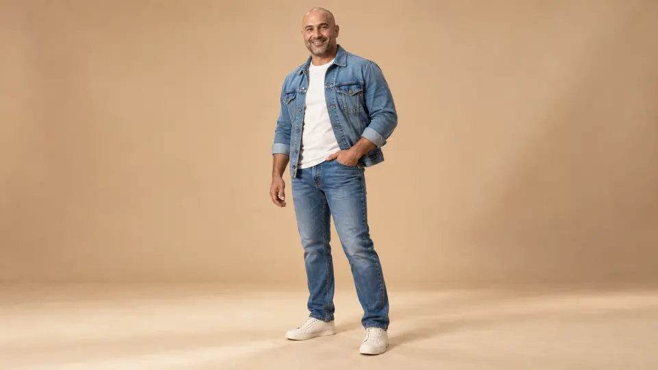 Kum rengi stüdyoda kot ceket ve pantolonla poz veren, kırklı yaşlarında, tıraşlı başlı ve güler yüzlü erkek model.