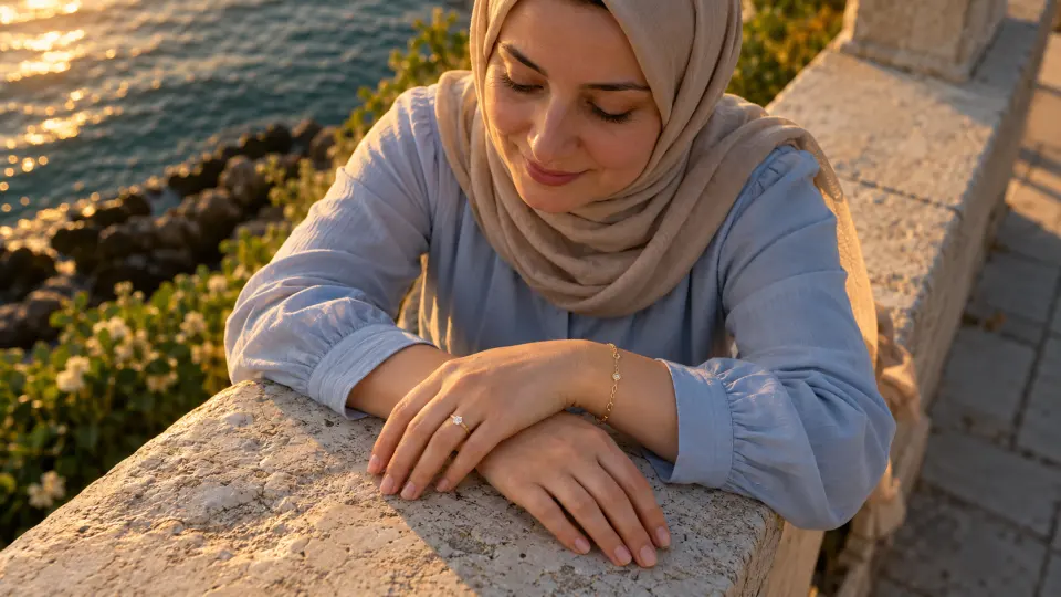 Mudanya sahilinde bej başörtülü kadın, gün batımı ışığında ellerindeki altın yüzük ve bilekliği sergiliyor.