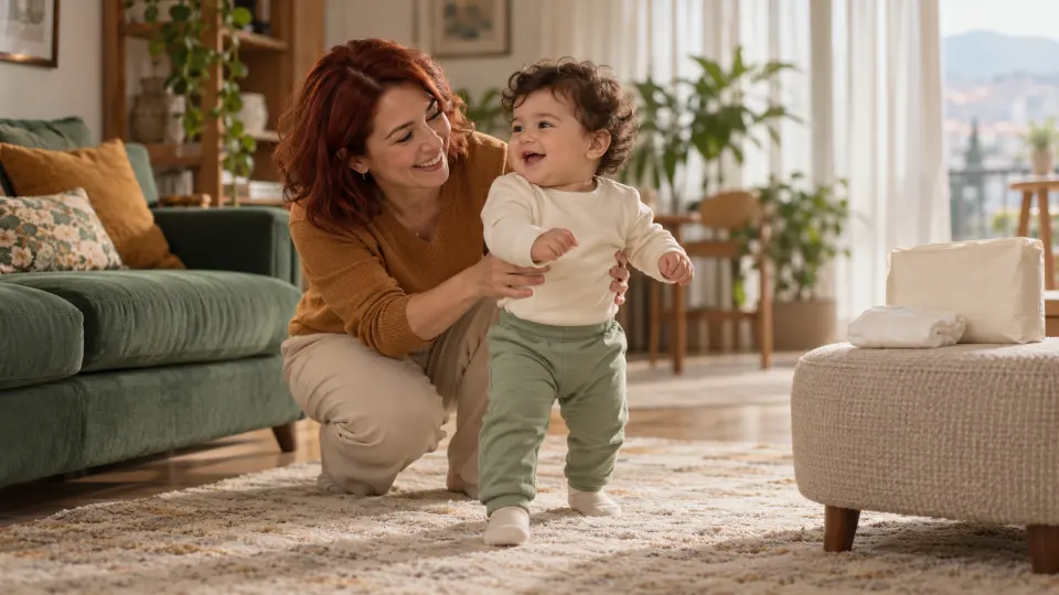 Nilüfer'de aydınlık bir salonda kızıl saçlı kadının desteğiyle adım atan kıvırcık saçlı bebek ve bebek bezi paketi.