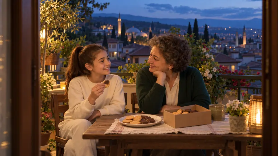 Bursa manzaralı, bitkili balkonda bir kadın ve at kuyruklu kız çocuğu, bisküvi ve çikolata eşliğinde gülümsüyor.