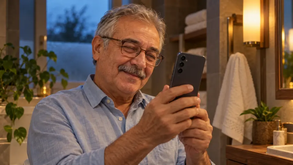 Taş döşeli banyoda, sıcak lamba ışığında cep telefonuna bakıp gülümseyen gözlüklü ve gri bıyıklı olgun adam.