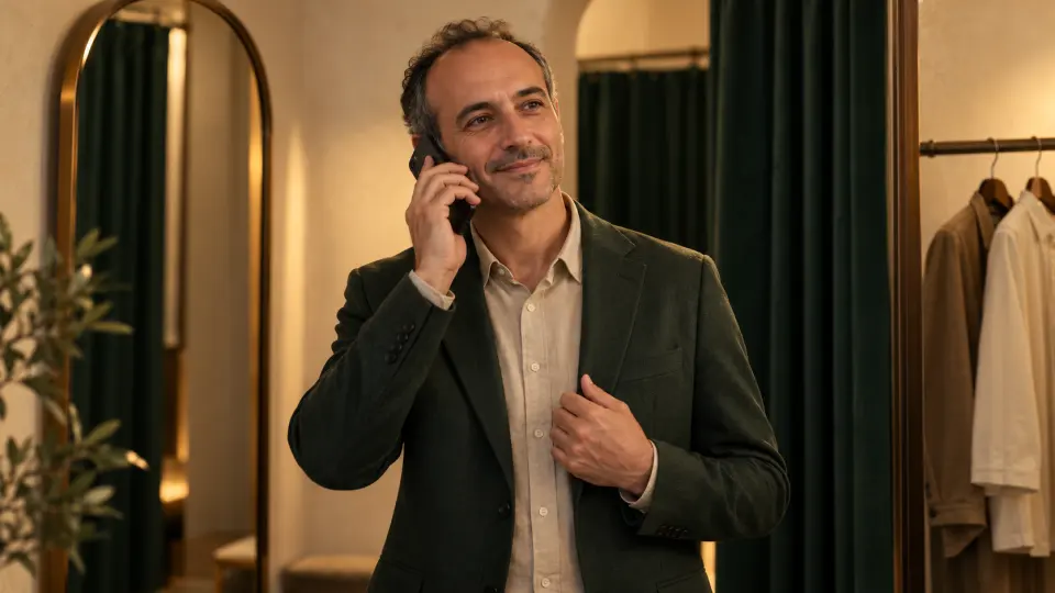 Yeşil ceketli kırklı yaşlarında bir erkek, butik prova alanında cep telefonuyla konuşurken hafifçe gülümsüyor.