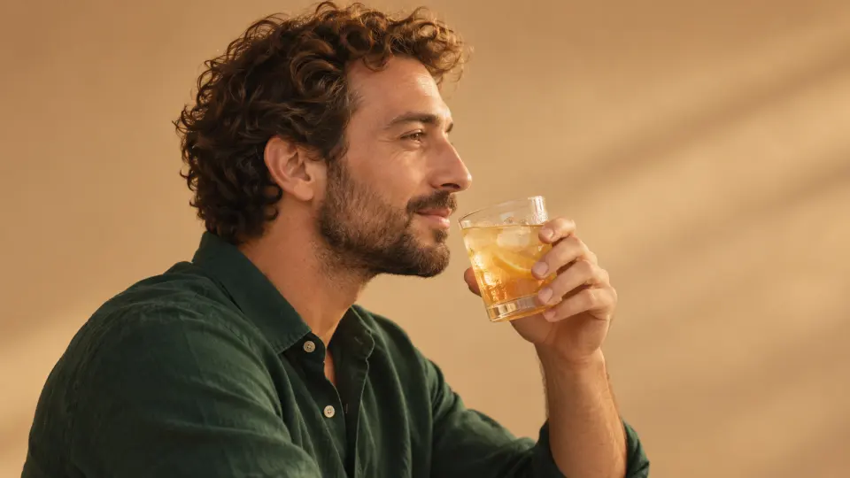 Kum rengi fonda, yeşil gömlekli kıvırcık saçlı ve kısa sakallı erkek, buzlu içecek bardağını ağzına yaklaştırıyor.