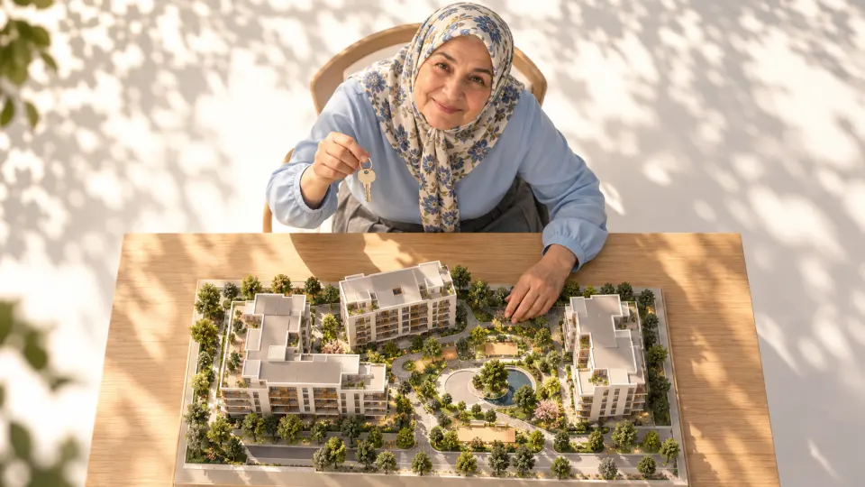 Desenli başörtülü yaşlı kadın, yaprak gölgeleri düşen beyaz stüdyoda konut projesi maketi yanında anahtar tutuyor.