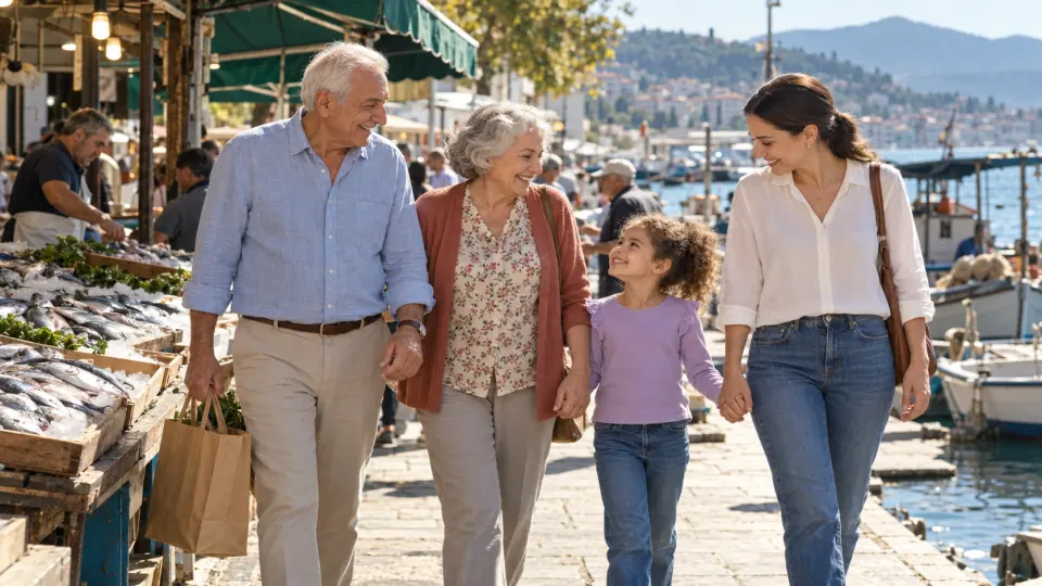 Gemlik limanındaki balık tezgâhlarının önünde anne ve küçük kızla birlikte gülümseyerek yürüyen dede ve nine.
